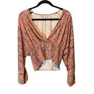Zara Orange & Black Patterned V-Neck Crop Top Long Sleeve Size Large Y2K